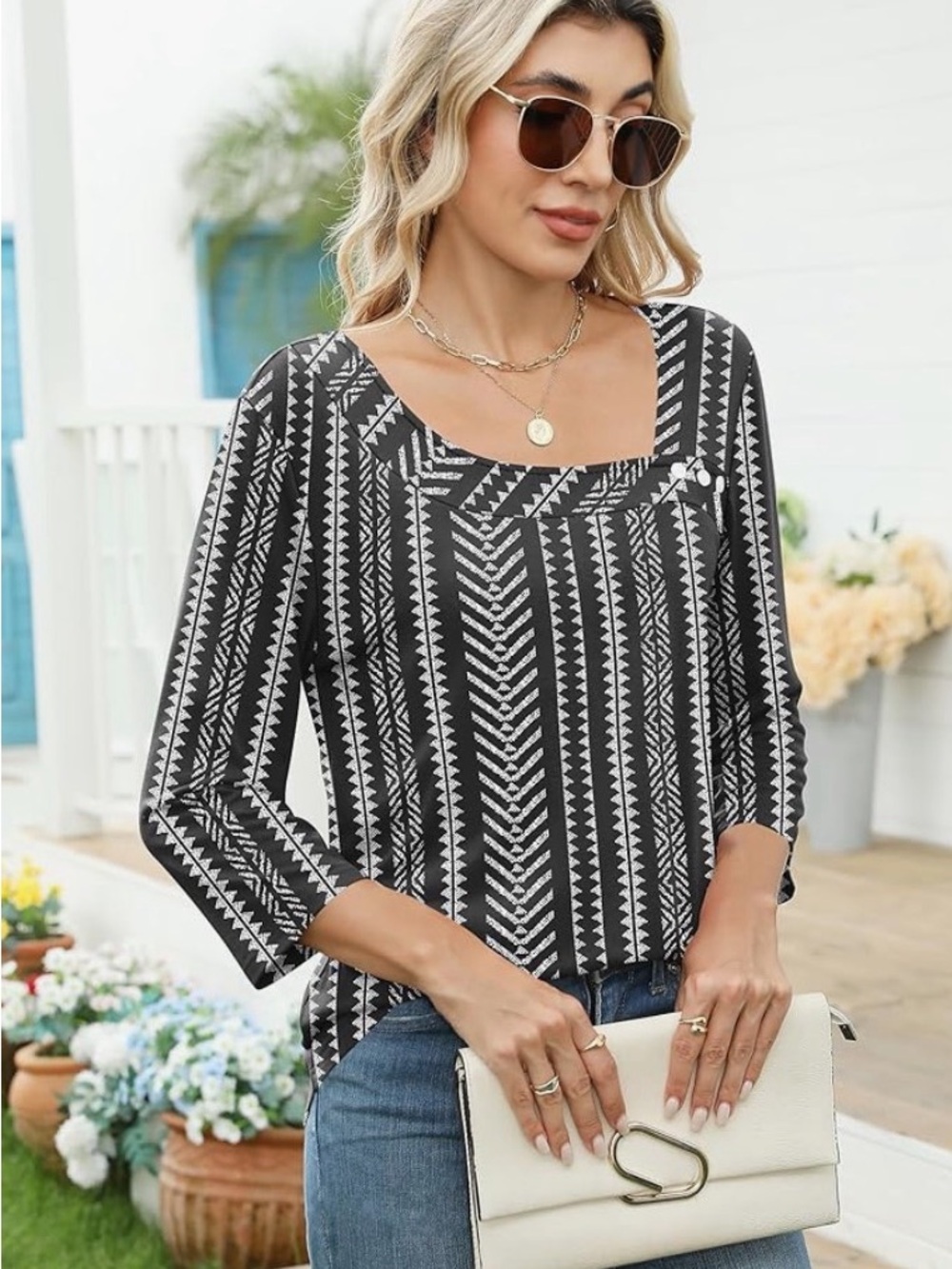 Women's Black & White Geometric Square-Neck Long Sleeve Top